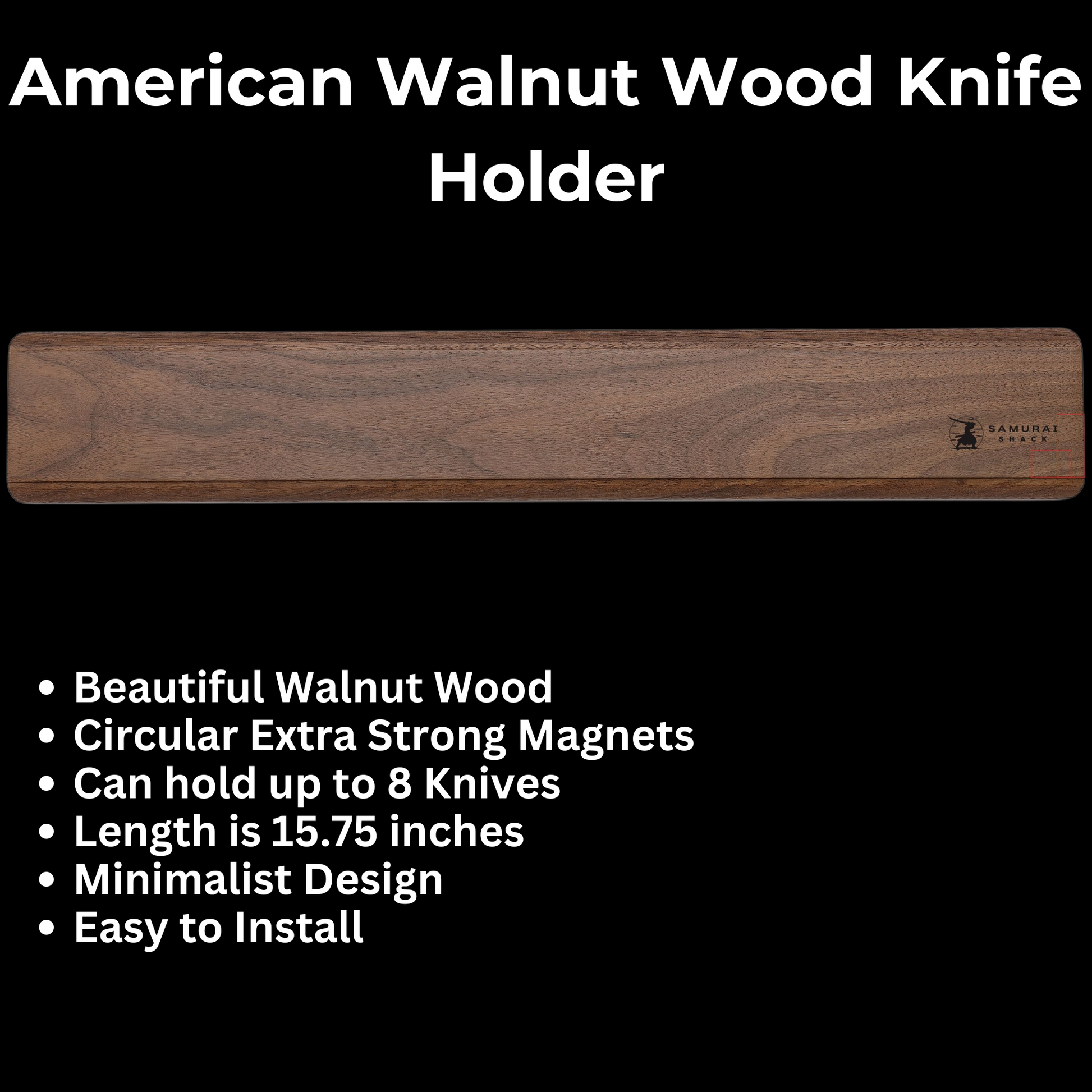 American Walnut wood knife holder with strong magnets and minimalist design.
