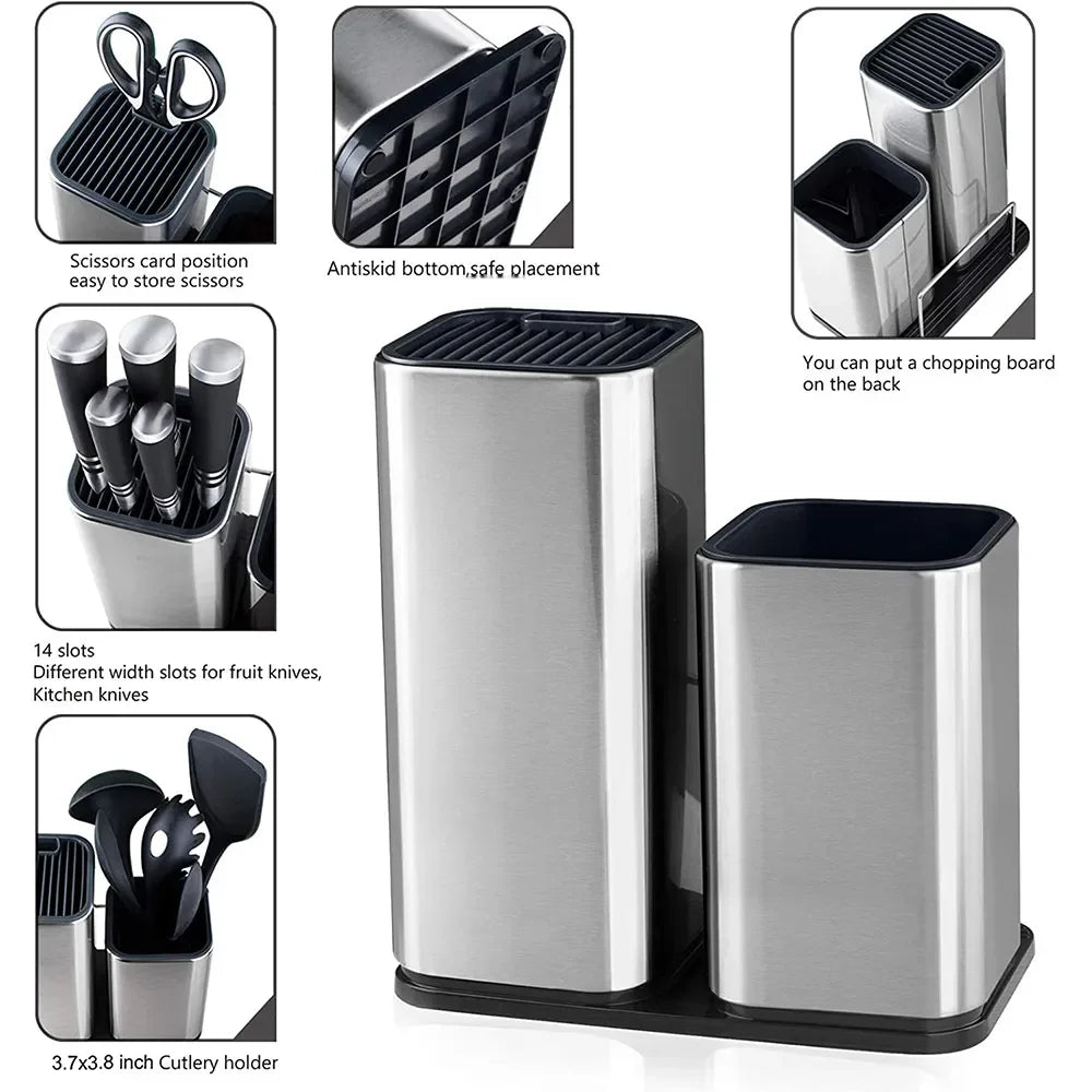 Stainless steel knife and utensil holder with anti-slip base and cutting board slot.